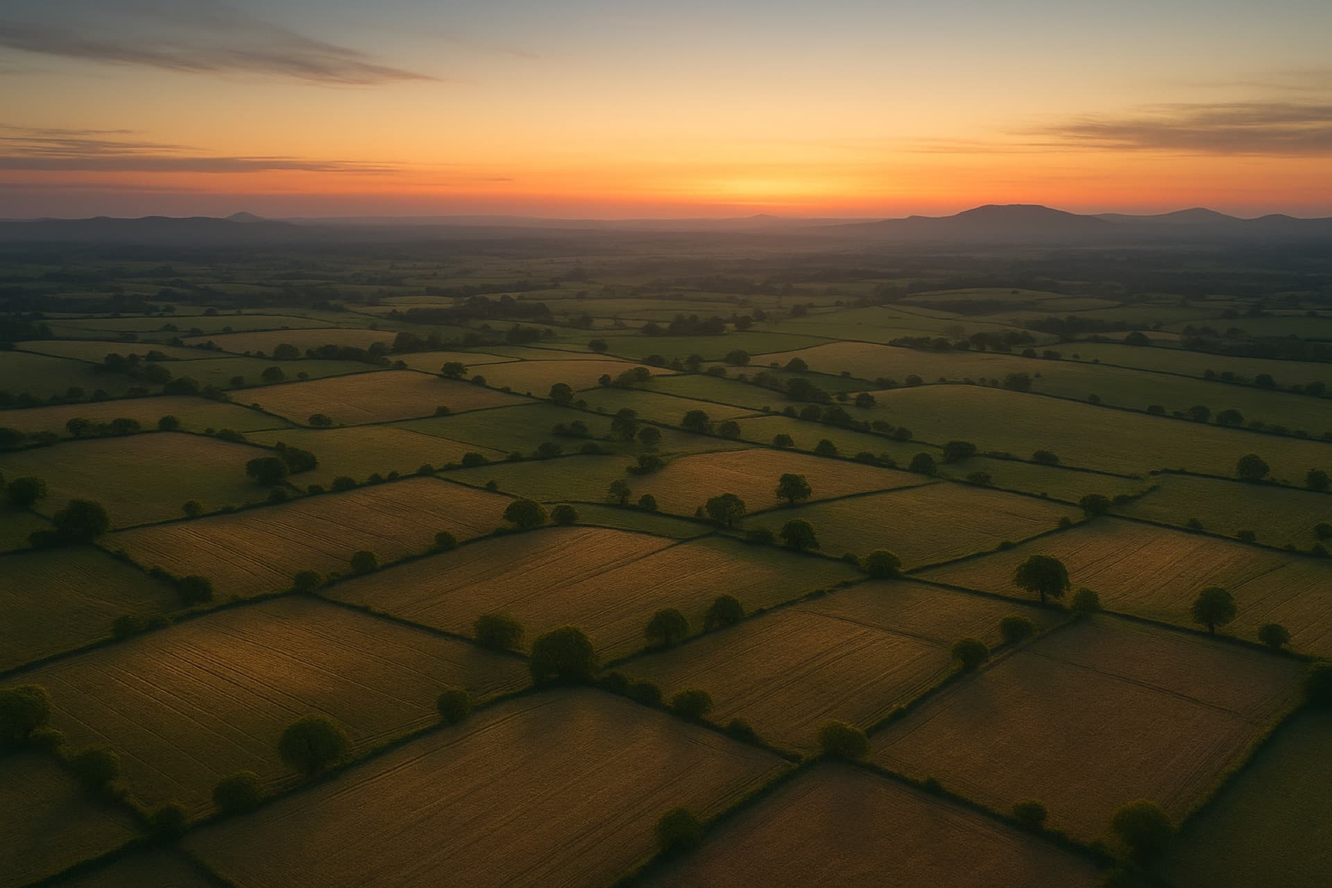 Aerial photograph of real Australian farmland at dusk, being restored to health