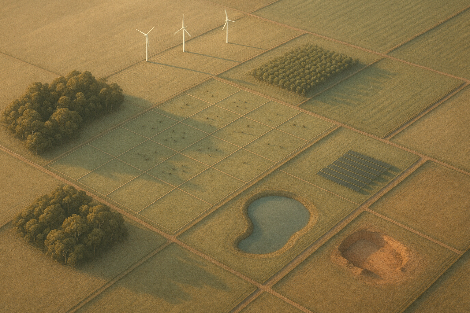 Aerial photograph of an Australian regenerative farm showing cattle paddocks, native bushland, environmental plantings, wind turbines, solar array, dam, and quarry — the six blueprint zones.